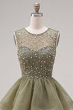Yellow A-Line Round Neck Tiered Short Cocktail Dress with Pearls