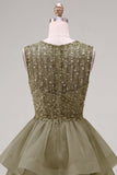 Yellow A-Line Round Neck Tiered Short Cocktail Dress with Pearls