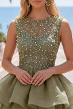 Yellow A-Line Round Neck Tiered Short Cocktail Dress with Pearls