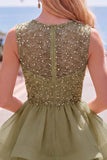 Yellow A-Line Round Neck Tiered Short Cocktail Dress with Pearls