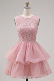 Yellow A-Line Round Neck Tiered Short Cocktail Dress with Pearls