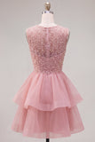 Yellow A-Line Round Neck Tiered Short Cocktail Dress with Pearls