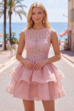 Yellow A-Line Round Neck Tiered Short Cocktail Dress with Pearls