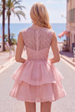 Yellow A-Line Round Neck Tiered Short Cocktail Dress with Pearls