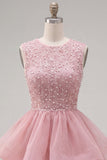 Yellow A-Line Round Neck Tiered Short Cocktail Dress with Pearls