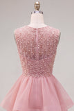 Yellow A-Line Round Neck Tiered Short Cocktail Dress with Pearls