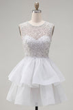 Yellow A-Line Round Neck Tiered Short Cocktail Dress with Pearls
