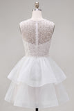 Yellow A-Line Round Neck Tiered Short Cocktail Dress with Pearls