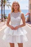 Yellow A-Line Round Neck Tiered Short Cocktail Dress with Pearls