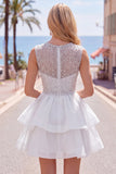 Yellow A-Line Round Neck Tiered Short Cocktail Dress with Pearls