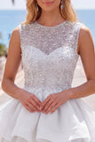 Yellow A-Line Round Neck Tiered Short Cocktail Dress with Pearls