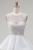 Yellow A-Line Round Neck Tiered Short Cocktail Dress with Pearls