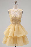 Yellow A-Line Round Neck Tiered Short Cocktail Dress with Pearls