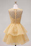Yellow A-Line Round Neck Tiered Short Cocktail Dress with Pearls
