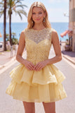 Yellow A-Line Round Neck Tiered Short Cocktail Dress with Pearls