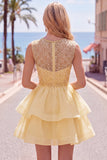Yellow A-Line Round Neck Tiered Short Cocktail Dress with Pearls