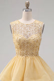 Yellow A-Line Round Neck Tiered Short Cocktail Dress with Pearls