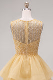 Yellow A-Line Round Neck Tiered Short Cocktail Dress with Pearls