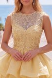 Yellow A-Line Round Neck Tiered Short Cocktail Dress with Pearls