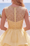 Yellow A-Line Round Neck Tiered Short Cocktail Dress with Pearls
