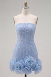 Strapless Blue Bodycon Pearls Cocktail Dress with 3D Flowers