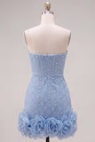Strapless Blue Bodycon Pearls Cocktail Dress with 3D Flowers