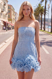 Strapless Blue Bodycon Pearls Cocktail Dress with 3D Flowers