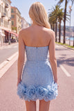 Strapless Blue Bodycon Pearls Cocktail Dress with 3D Flowers