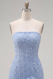 Strapless Blue Bodycon Pearls Cocktail Dress with 3D Flowers