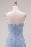 Strapless Blue Bodycon Pearls Cocktail Dress with 3D Flowers