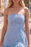 Strapless Blue Bodycon Pearls Cocktail Dress with 3D Flowers