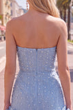 Strapless Blue Bodycon Pearls Cocktail Dress with 3D Flowers