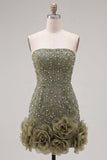 Strapless Blue Bodycon Pearls Cocktail Dress with 3D Flowers