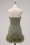Strapless Blue Bodycon Pearls Cocktail Dress with 3D Flowers