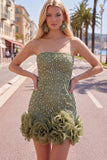 Strapless Blue Bodycon Pearls Cocktail Dress with 3D Flowers
