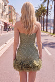 Strapless Blue Bodycon Pearls Cocktail Dress with 3D Flowers