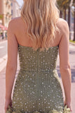 Strapless Blue Bodycon Pearls Cocktail Dress with 3D Flowers