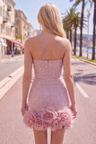 Strapless Blue Bodycon Pearls Cocktail Dress with 3D Flowers