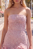 Strapless Blue Bodycon Pearls Cocktail Dress with 3D Flowers