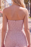 Strapless Blue Bodycon Pearls Cocktail Dress with 3D Flowers