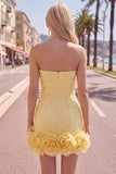 Strapless Blue Bodycon Pearls Cocktail Dress with 3D Flowers