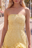 Strapless Blue Bodycon Pearls Cocktail Dress with 3D Flowers
