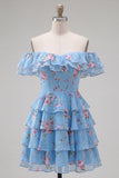 Off the Shoulder Blue A-Line Tiered Floral Cocktail Dress with Lace Up Back