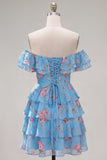 Off the Shoulder Blue A-Line Tiered Floral Cocktail Dress with Lace Up Back