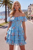 Off the Shoulder Blue A-Line Tiered Floral Cocktail Dress with Lace Up Back