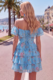 Off the Shoulder Blue A-Line Tiered Floral Cocktail Dress with Lace Up Back