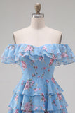 Off the Shoulder Blue A-Line Tiered Floral Cocktail Dress with Lace Up Back