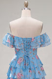 Off the Shoulder Blue A-Line Tiered Floral Cocktail Dress with Lace Up Back