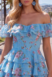 Off the Shoulder Blue A-Line Tiered Floral Cocktail Dress with Lace Up Back