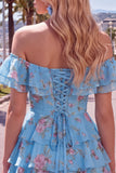 Off the Shoulder Blue A-Line Tiered Floral Cocktail Dress with Lace Up Back